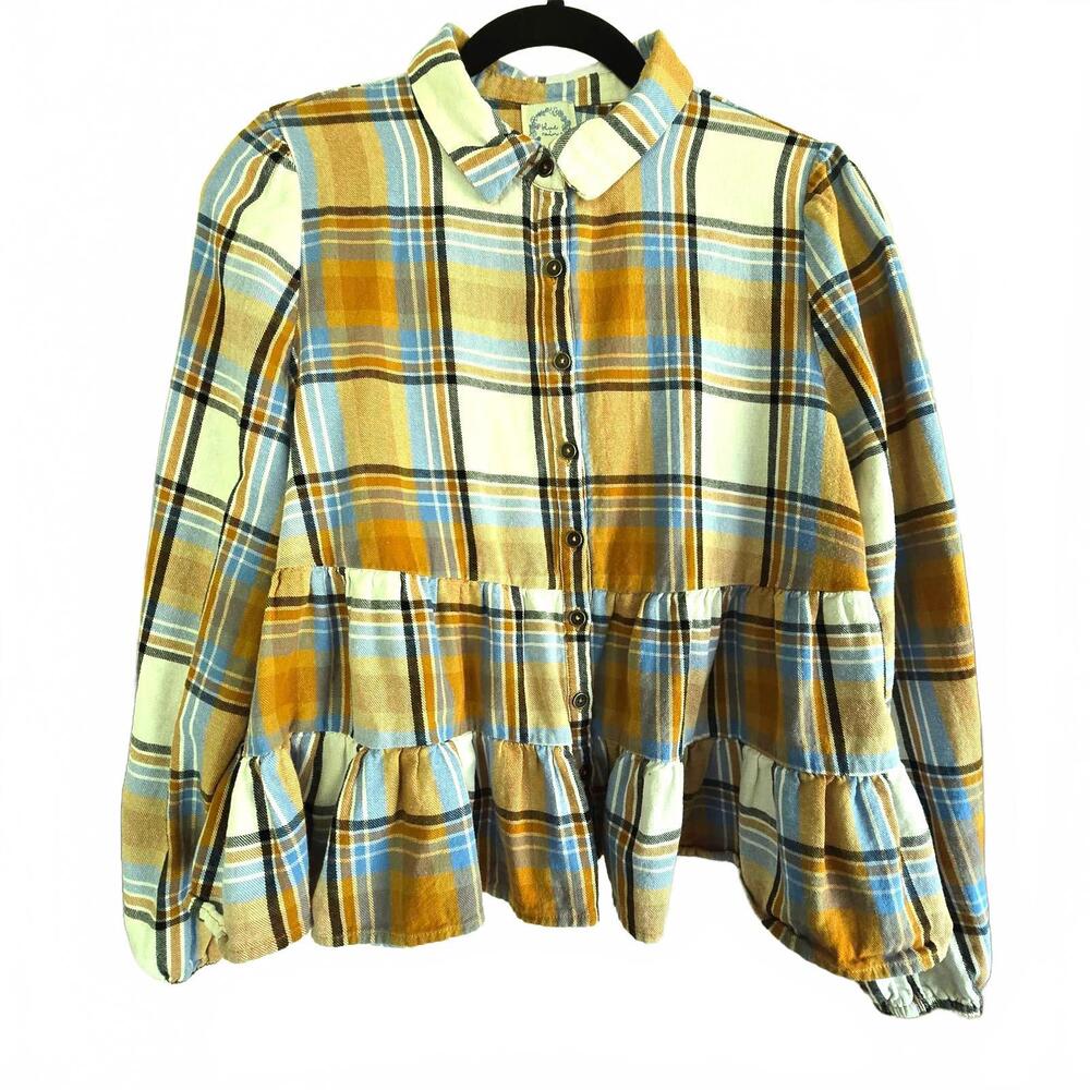 BLUE RAIN - Plaid Baby Doll Top, Size Med